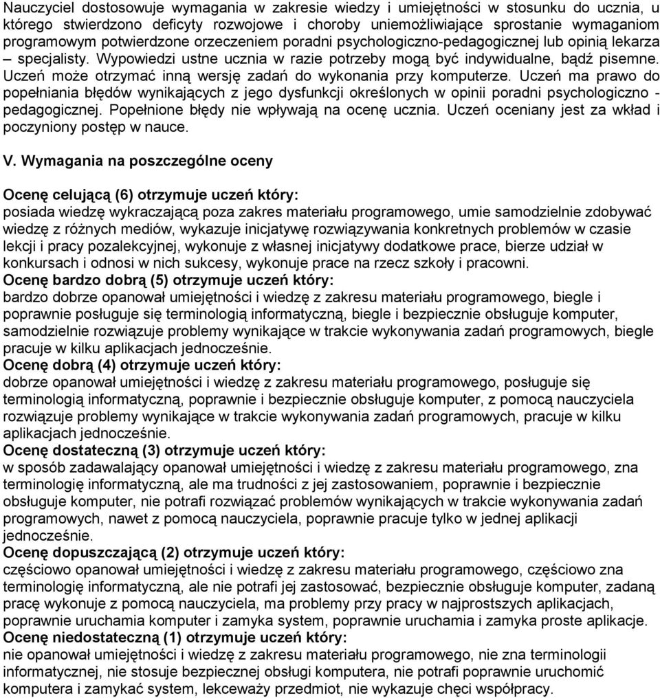 Uczeń może otrzymać inną wersję zadań do wykonania przy komputerze. Uczeń ma prawo do popełniania błędów wynikających z jego dysfunkcji określonych w opinii poradni psychologiczno - pedagogicznej.