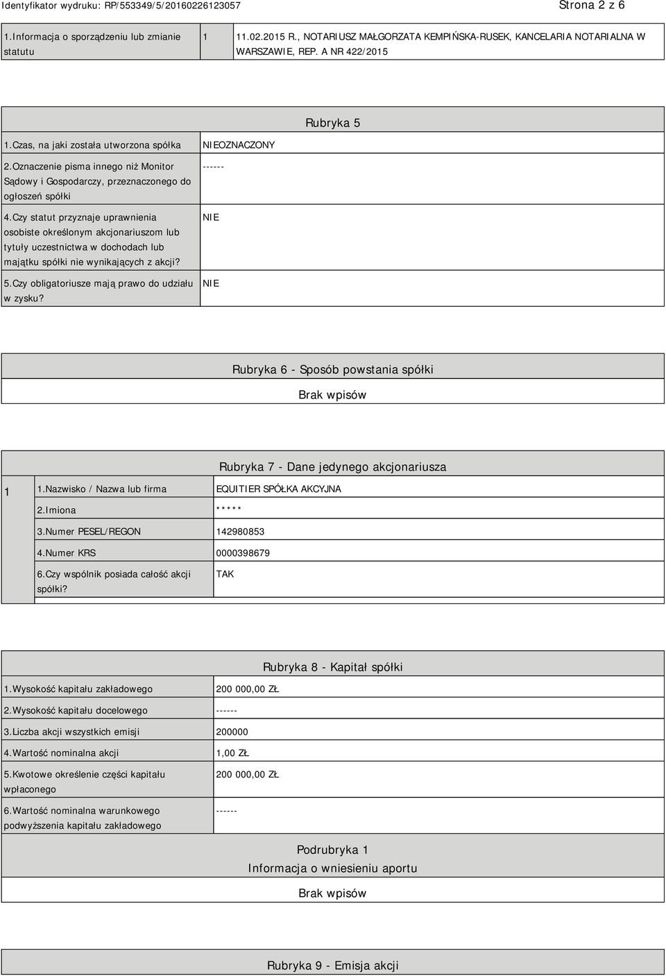 Czy statut przyznaje uprawnienia osobiste określonym akcjonariuszom lub tytuły uczestnictwa w dochodach lub majątku spółki nie wynikających z akcji? 5.Czy obligatoriusze mają prawo do udziału w zysku?