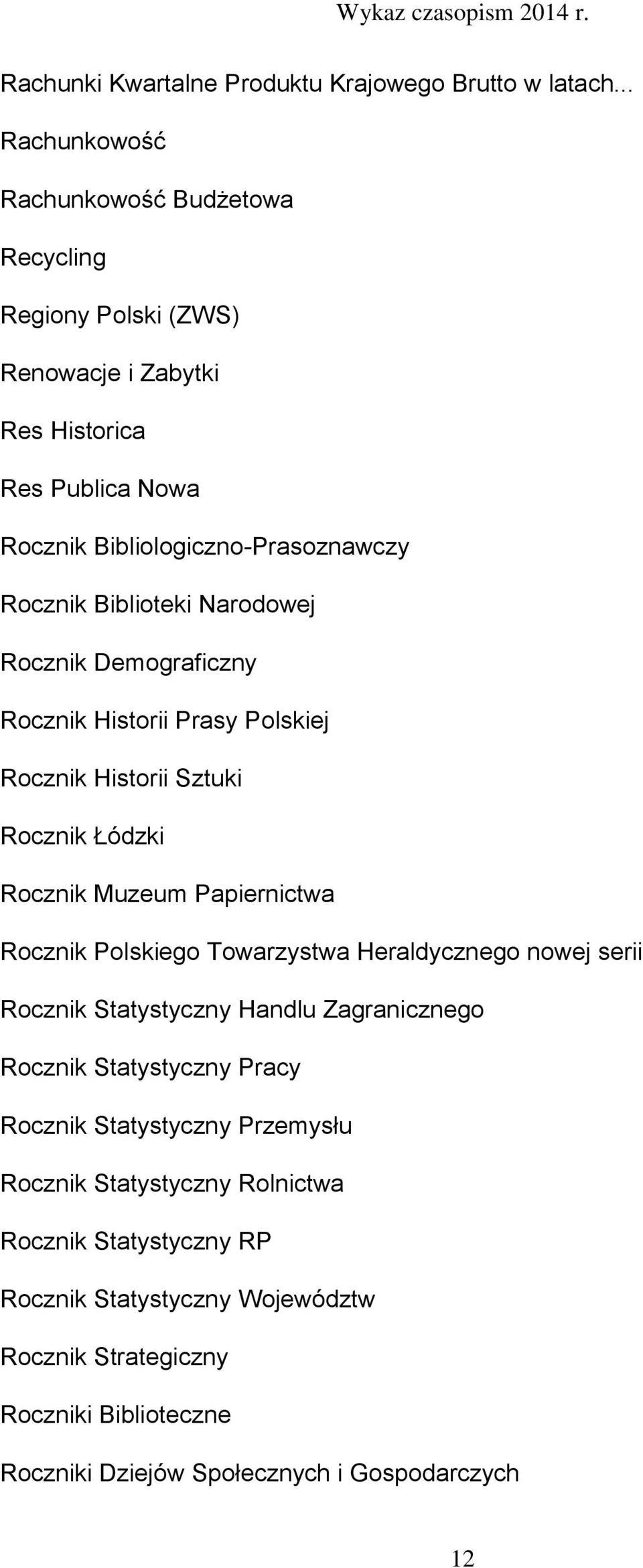 Biblioteki Narodowej Rocznik Demograficzny Rocznik Historii Prasy Polskiej Rocznik Historii Sztuki Rocznik Łódzki Rocznik Muzeum Papiernictwa Rocznik Polskiego Towarzystwa