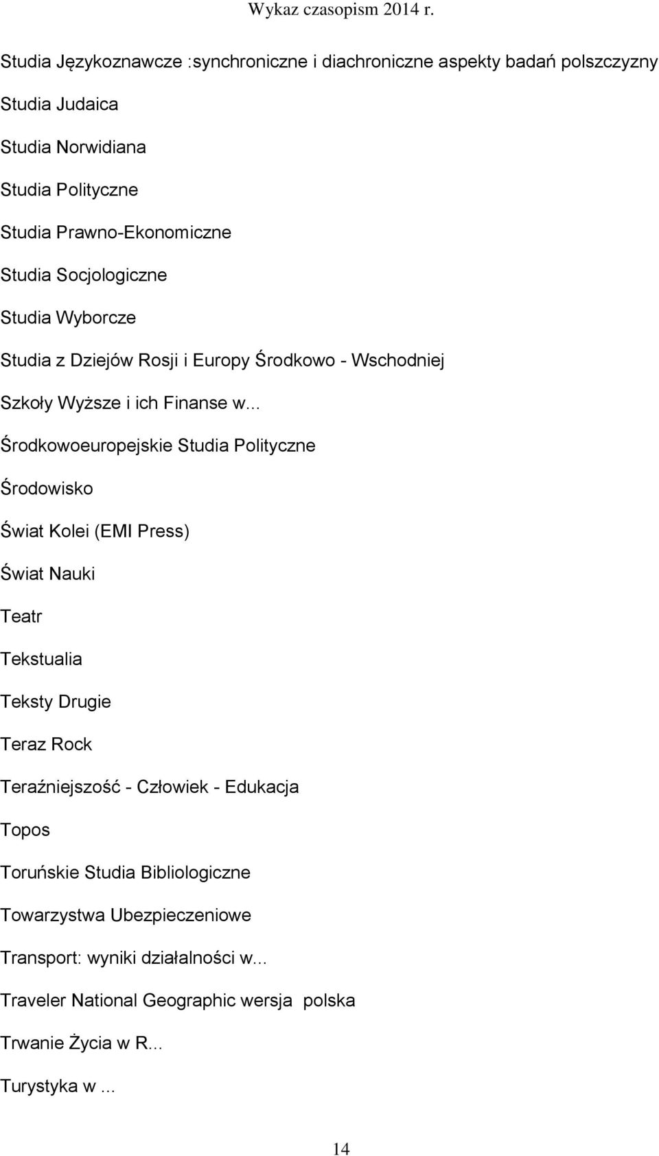 .. Środkowoeuropejskie Studia Polityczne Środowisko Świat Kolei (EMI Press) Świat Nauki Teatr Tekstualia Teksty Drugie Teraz Rock Teraźniejszość - Człowiek