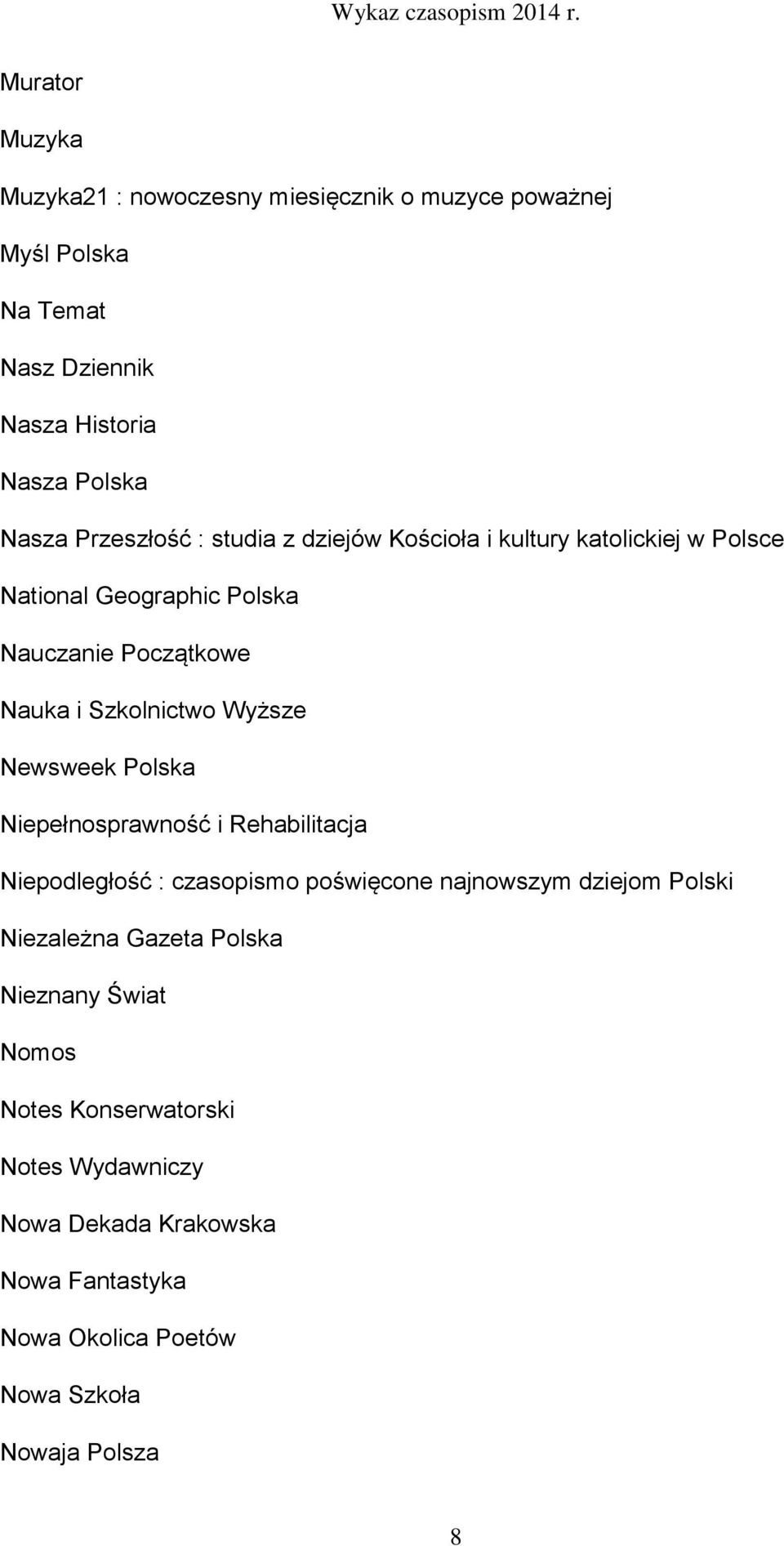 Wyższe Newsweek Polska Niepełnosprawność i Rehabilitacja Niepodległość : czasopismo poświęcone najnowszym dziejom Polski Niezależna Gazeta