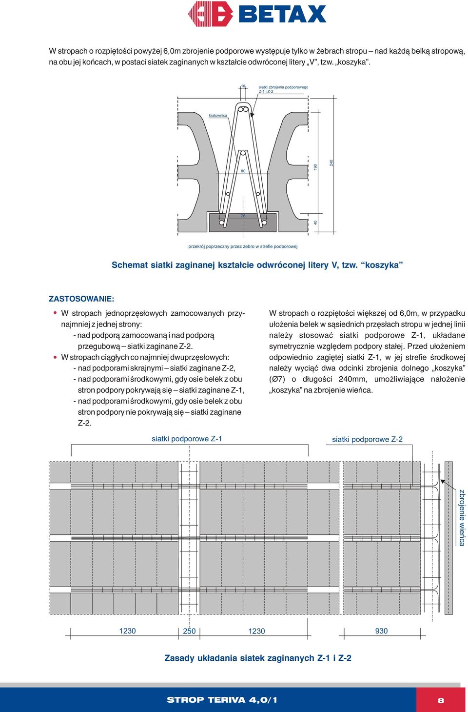 koszyka ZASTOSOWANIE: W stropach jednoprzês³owych zamocowanych przynajmniej z jednej strony: - nad podpor¹ zamocowan¹ i nad podpor¹ przegubow¹ siatki zaginane Z-2.