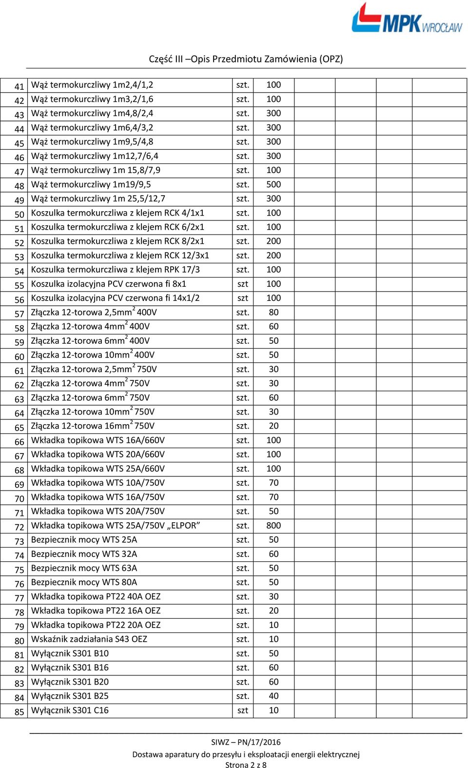 300 50 Koszulka termokurczliwa z klejem RCK 4/1x1 szt. 100 51 Koszulka termokurczliwa z klejem RCK 6/2x1 szt. 100 52 Koszulka termokurczliwa z klejem RCK 8/2x1 szt.