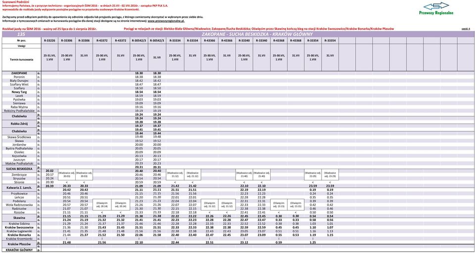 Główna/Wadowice; Zakopane/Sucha Beskidzka; Oświęcim przez Skawinę kończą bieg na stacji Kraków Swoszowice/Kraków Bonarka/ część 4 25-, 25- ZAKOPANE o. 18.30 18.30 Poronin o. 18.38 18.