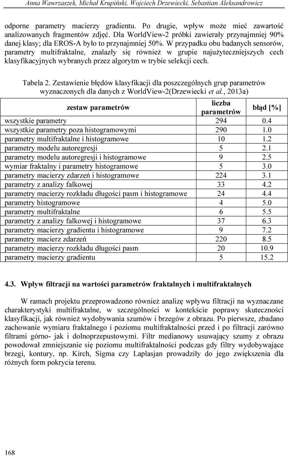 W przypadku obu badanych sensorów, parametry multifraktalne, znalazły się również w grupie najużyteczniejszych cech klasyfikacyjnych wybranych przez algorytm w trybie selekcji cech. Tabela 2.