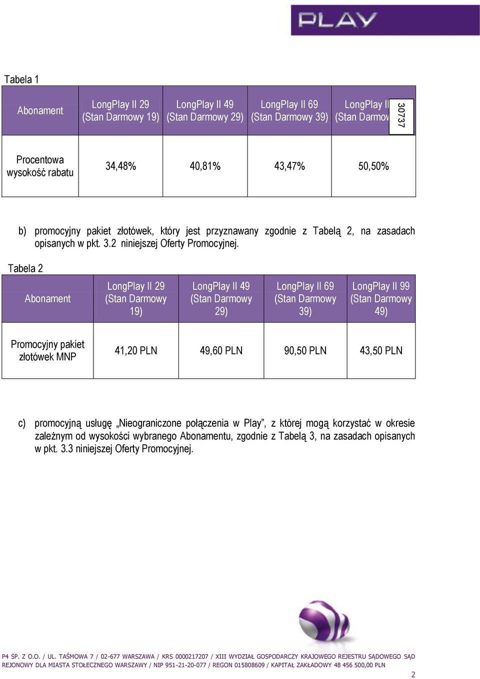 Tabela 2 Abonament LongPlay II 29 19) LongPlay II 49 29) LongPlay II 69 39) LongPlay II 99 49) Promocyjny pakiet złotówek MNP 41,20 PLN 49,60 PLN 90,50 PLN 43,50 PLN