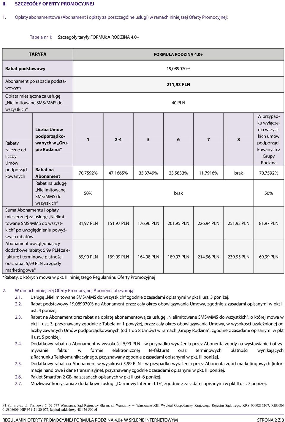 0+ Rabat podstawowy 19,089070% Abonament po rabacie podstawowym 211,93 PLN Opłata miesięczna za usługę Nielimitowane SMS/MMS do wszystkich Rabaty zależne od liczby Umów podporządkowanych Liczba Umów