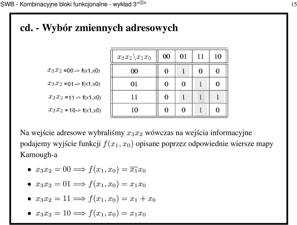 informacyjne podajemy wyjście funkcjif(x 1,x 0 ) opisane poprzez odpowiednie wiersze mapy