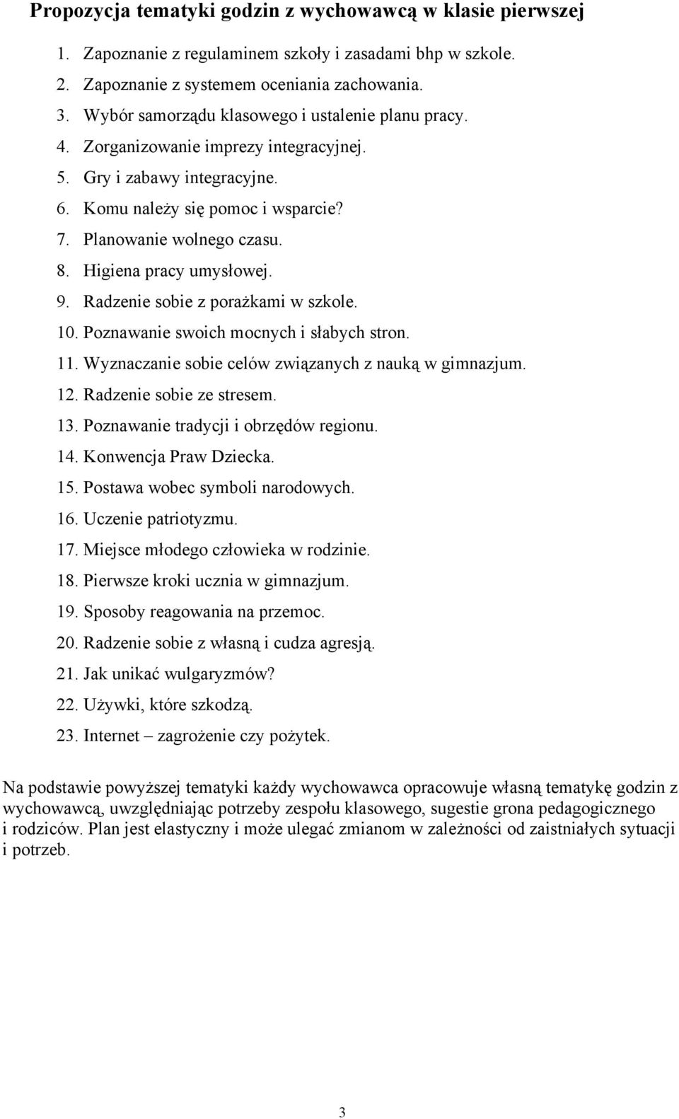 Higiena pracy umysłowej. 9. Radzenie sobie z porażkami w szkole. 10. Poznawanie swoich mocnych i słabych stron. 11. Wyznaczanie sobie celów związanych z nauką w gimnazjum. 12.