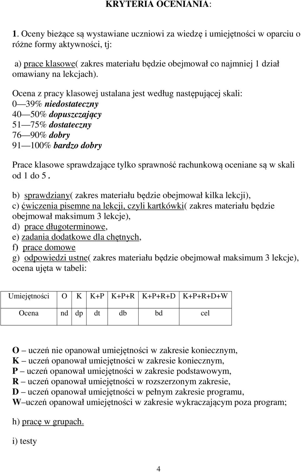 Ocena z pracy klasowej ustalana jest według następującej skali: 0 39% niedostateczny 40 50% dopuszczający 51 75% dostateczny 76 90% dobry 91 100% bardzo dobry Prace klasowe sprawdzające tylko