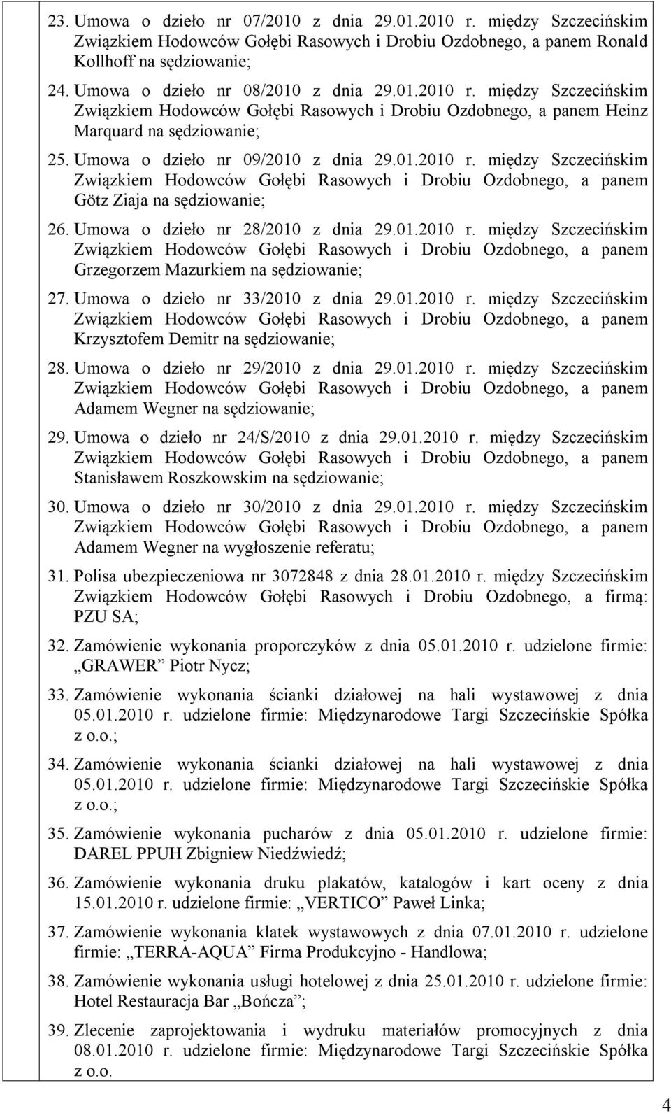 Umowa o dzieło nr 33/2010 z dnia 29.01.2010 r. między Szczecińskim Krzysztofem Demitr na sędziowanie; 28. Umowa o dzieło nr 29/2010 z dnia 29.01.2010 r. między Szczecińskim Adamem Wegner na sędziowanie; 29.