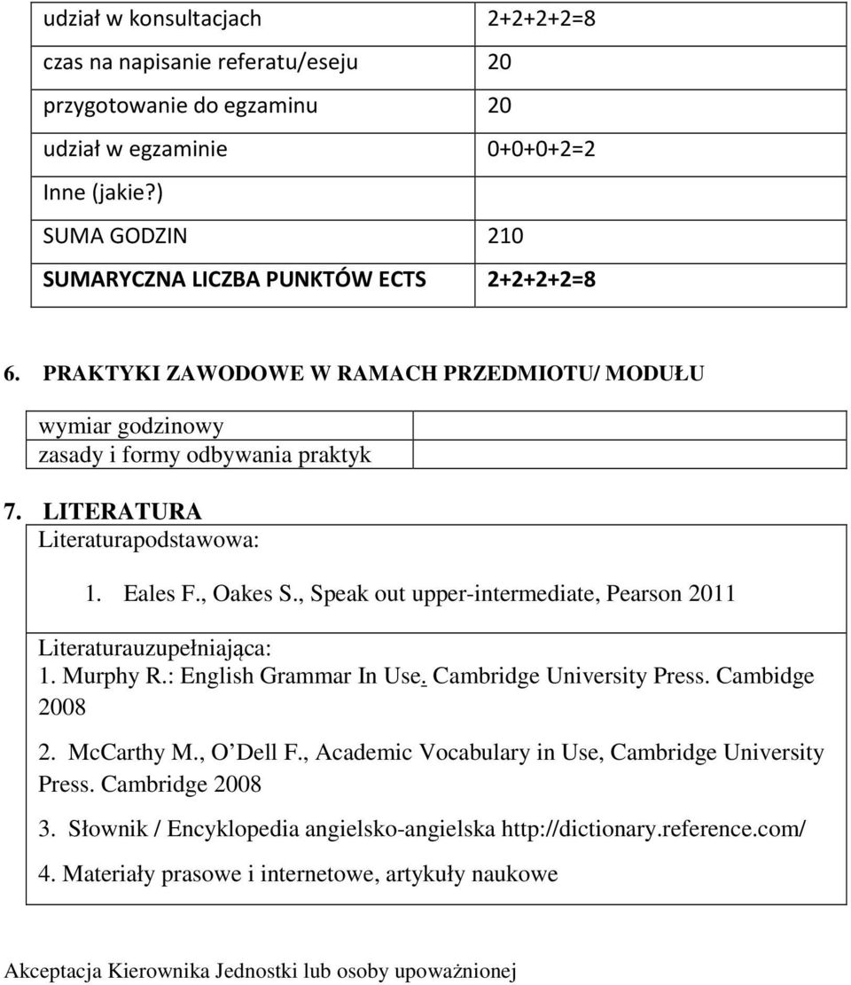 , Speak out upper-intermediate, Pearson 011 Literaturauzupełniająca: 1. Murphy R.: English Grammar In Use. Cambridge University Press. Cambidge 008. McCarthy M., O Dell F.