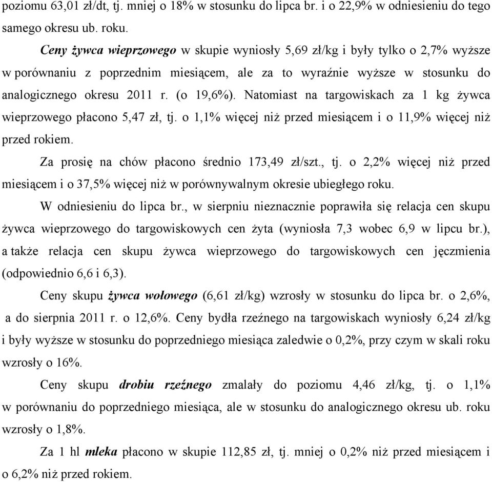 Ntomist n trgowiskch kg żywc wieprowego pcono 5,47, tj. o,% więcej niż pred miesiącem i o,9% więcej niż pred rokiem. Z prosię n chów pcono średnio 73,49 /st., tj. o 2,2% więcej niż pred miesiącem i o 37,5% więcej niż w porównywlnym okresie ubiegego roku.