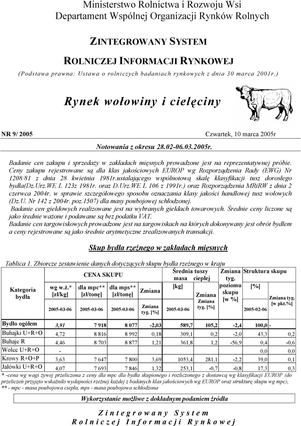 Ceny zakupu rejestrowane są dla klas jakościowych EUROP wg Rozporządzenia Rady (EWG) Nr 208/8 z dnia 28 kwietnia 8r.ustalającego wspólnotową skalę klasyfikacji tusz dorosłego bydła(dz.urz.we L 2z 8r.