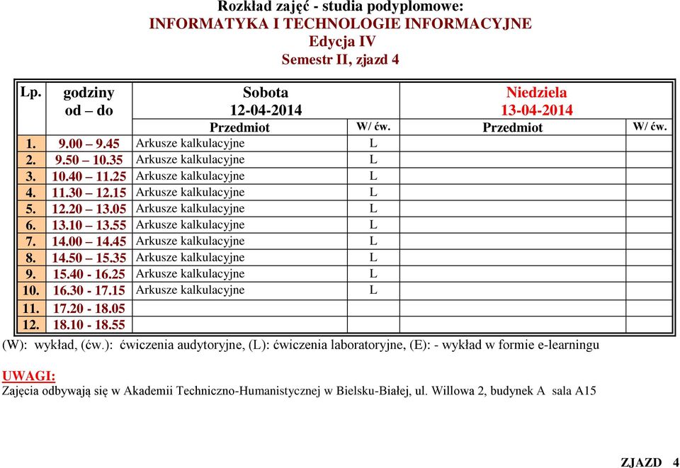 55 Arkusze kalkulacyjne L 7. 14.00 14.45 Arkusze kalkulacyjne L 8. 14.50 15.35 Arkusze kalkulacyjne L 9. 15.40-16.