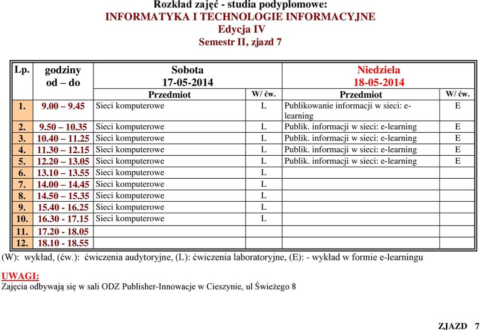 15 Sieci komputerowe L Publik. informacji w sieci: e-learning E 5. 12.20 13.05 Sieci komputerowe L Publik. informacji w sieci: e-learning E 6. 13.10 13.