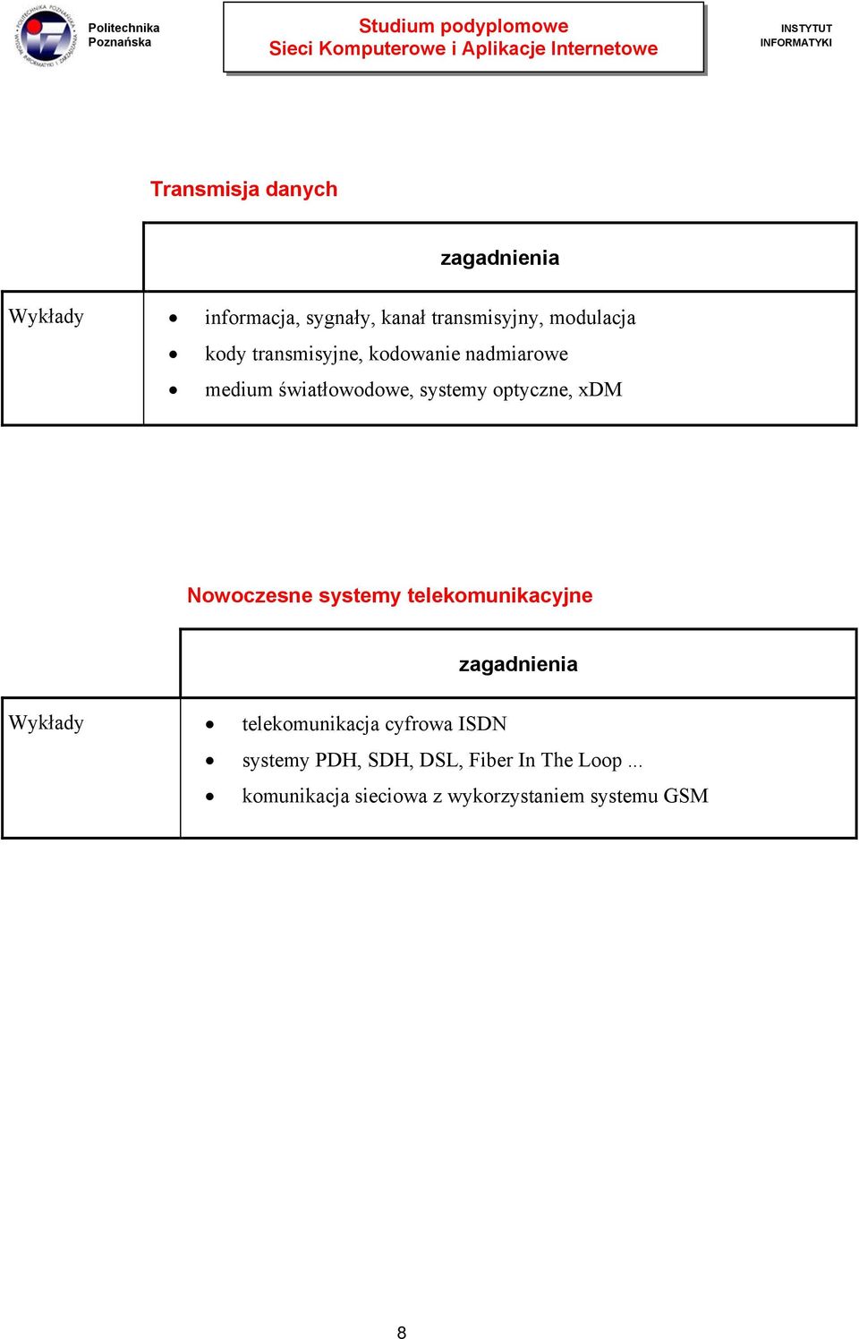 Nowoczesne systemy telekomunikacyjne Wykłady telekomunikacja cyfrowa ISDN systemy