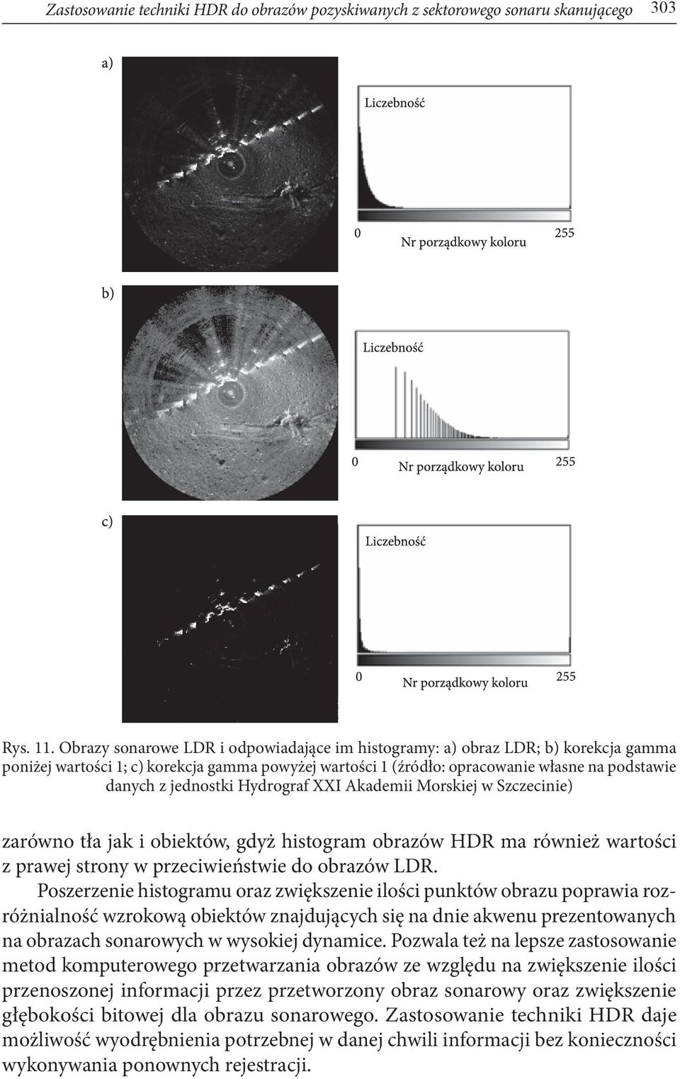 Hydrograf XXI Akademii Morskiej w Szczecinie) zarówno tła jak i obiektów, gdyż histogram obrazów HDR ma również wartości z prawej strony w przeciwieństwie do obrazów LDR.