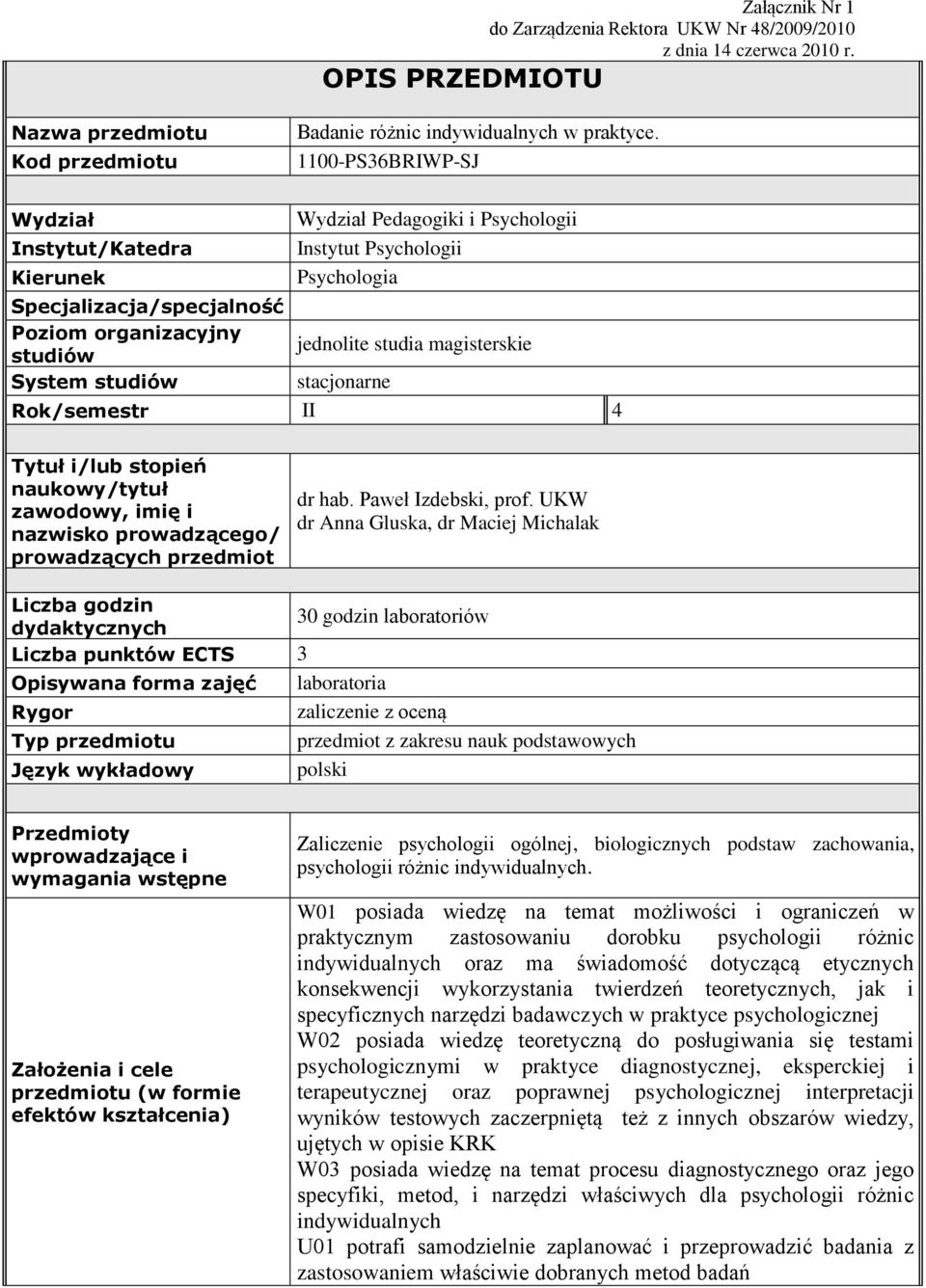 UKW dr Anna Gluska, dr Maciej Michalak 30 godzin laboratoriów Liczba punktów ECTS 3 Opisywana forma zajęć laboratoria Rygor zaliczenie z oceną Typ przedmiotu przedmiot z zakresu nauk podstawowych