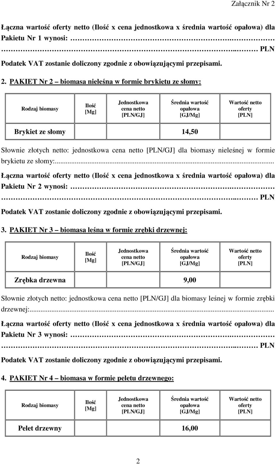 dla biomasy nieleśnej w formie brykietu ze słomy:... Pakietu Nr 2 wynosi:. 3.