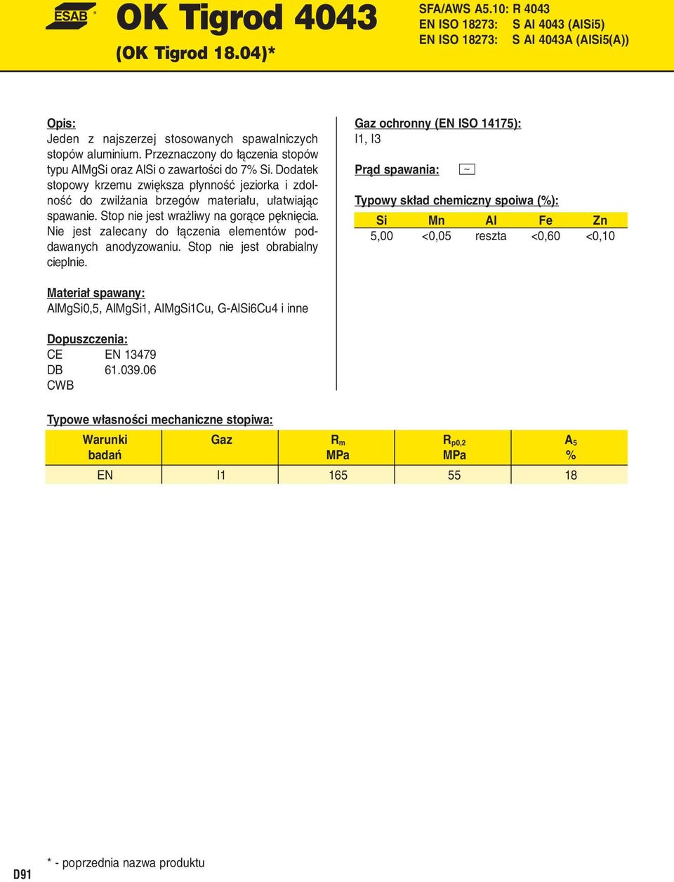 Przeznaczony do łączenia stopów typu AlMgSi oraz AlSi o zawartości do 7% Si.