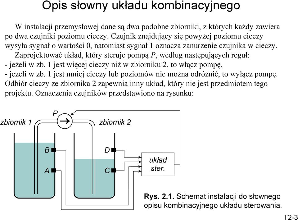 Zaprojektować układ, który steruje pompą P, według następujących reguł: - jeżeli w zb. jest więcej cieczy niż w zbiorniku 2, to włącz pompę, - jeżeli w zb.