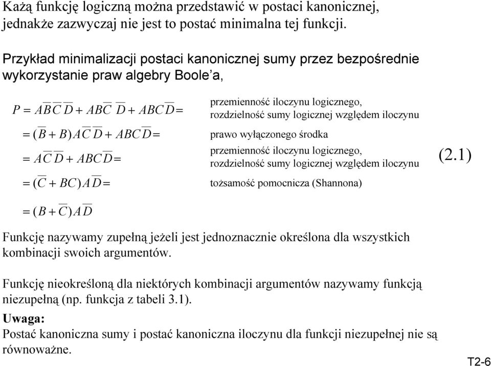 względem iloczynu prawo wyłączonego środka przemienność iloczynu logicznego, rozdzielność sumy logicznej względem iloczynu tożsamość pomocnicza (Shannona) (2.