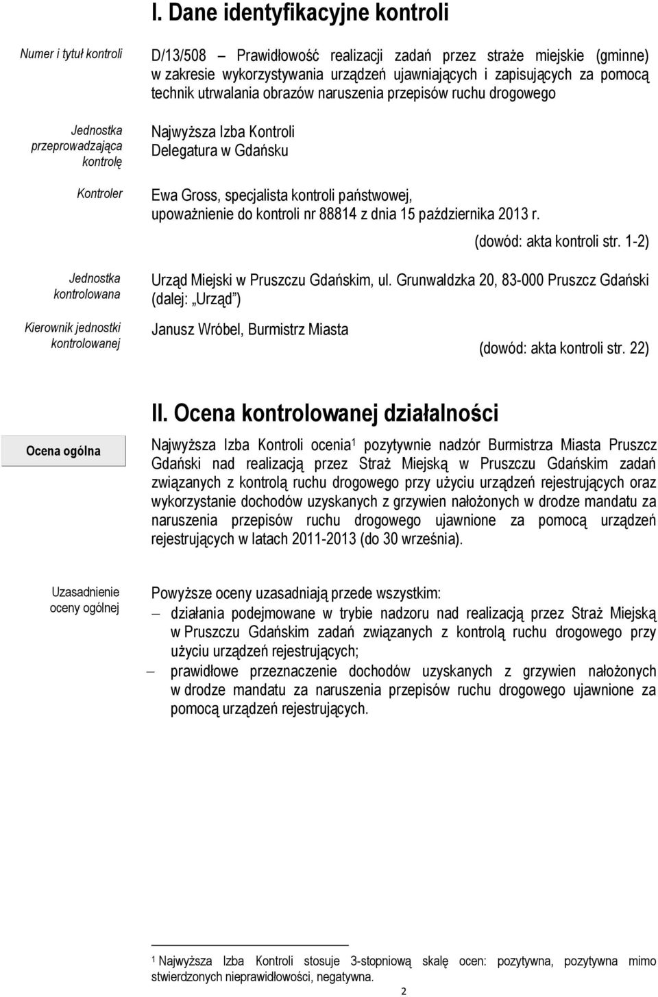 Delegatura w Gdańsku Ewa Gross, specjalista kontroli państwowej, upoważnienie do kontroli nr 88814 z dnia 15 października 2013 r. (dowód: akta kontroli str. 1-2) Urząd Miejski w Pruszczu Gdańskim, ul.