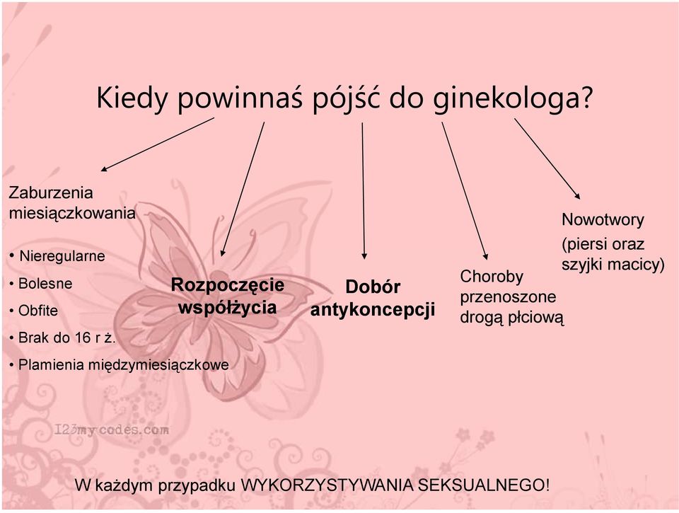 Rozpoczęcie współżycia Plamienia międzymiesiączkowe Dobór antykoncepcji