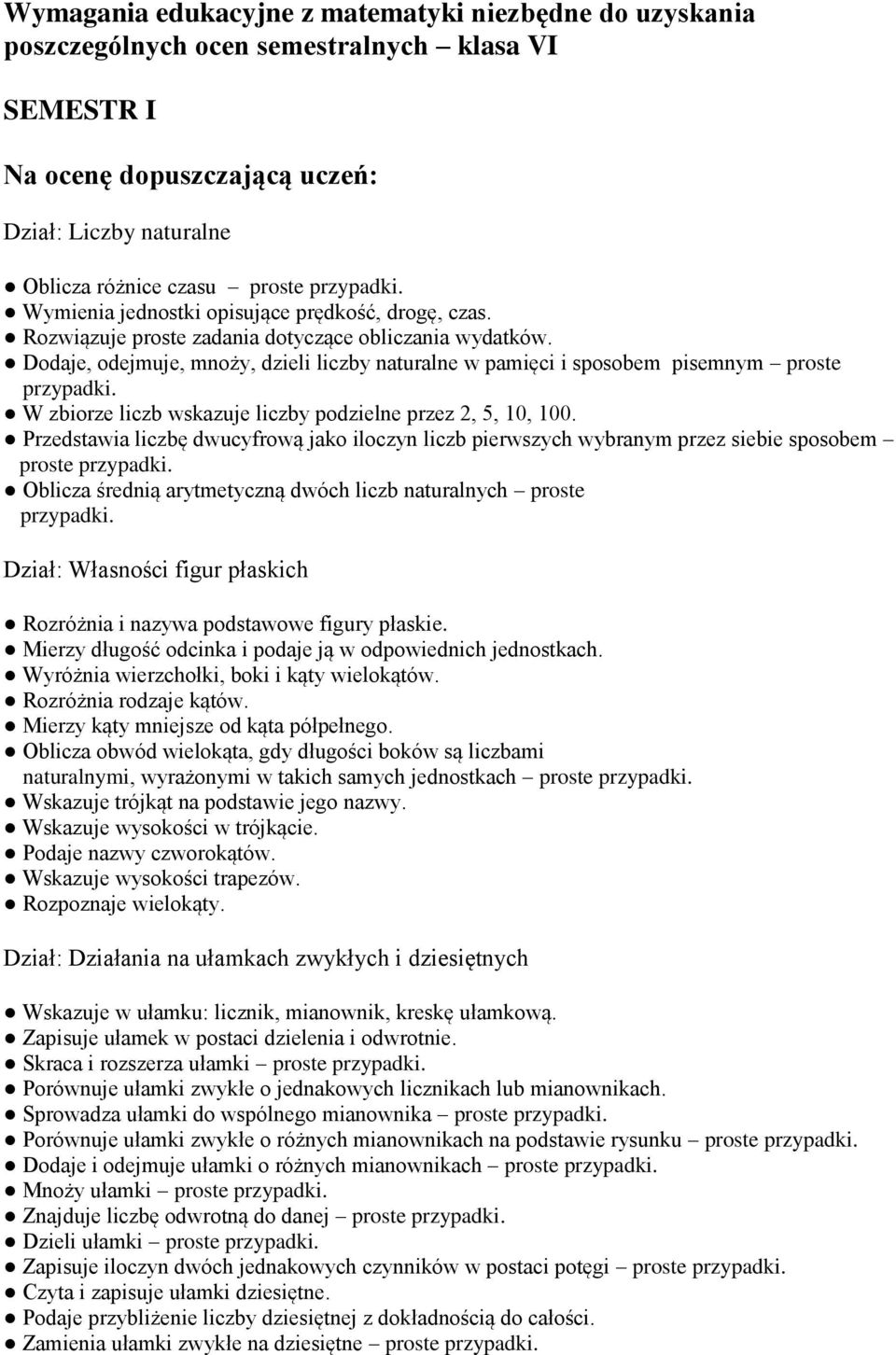 Dodaje, odejmuje, mnoży, dzieli liczby naturalne w pamięci i sposobem pisemnym proste W zbiorze liczb wskazuje liczby podzielne przez 2, 5, 10, 100.