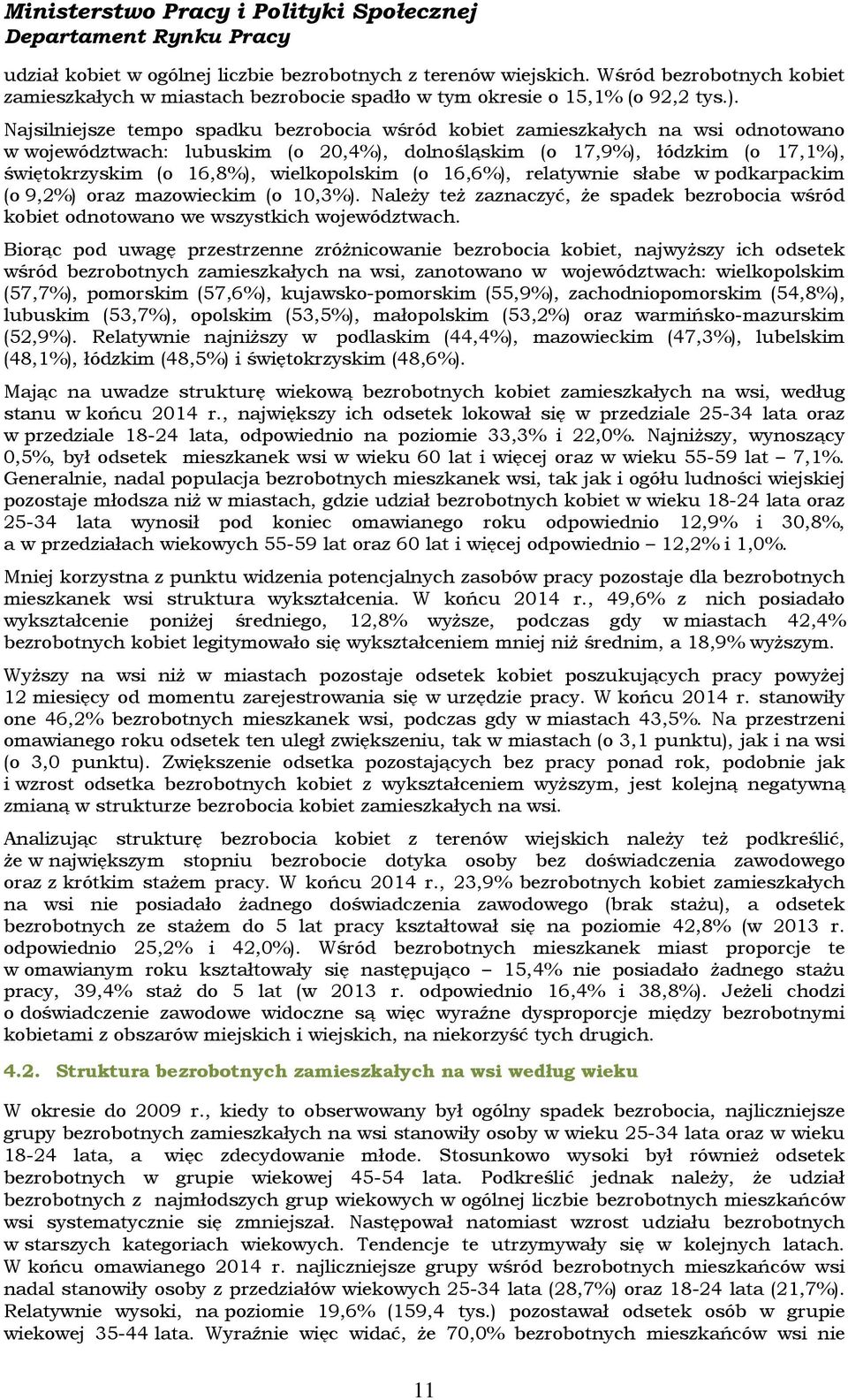 wielkopolskim (o 16,6%), relatywnie słabe w podkarpackim (o 9,2%) oraz mazowieckim (o 10,3%). Należy też zaznaczyć, że spadek bezrobocia wśród kobiet odnotowano we wszystkich województwach.