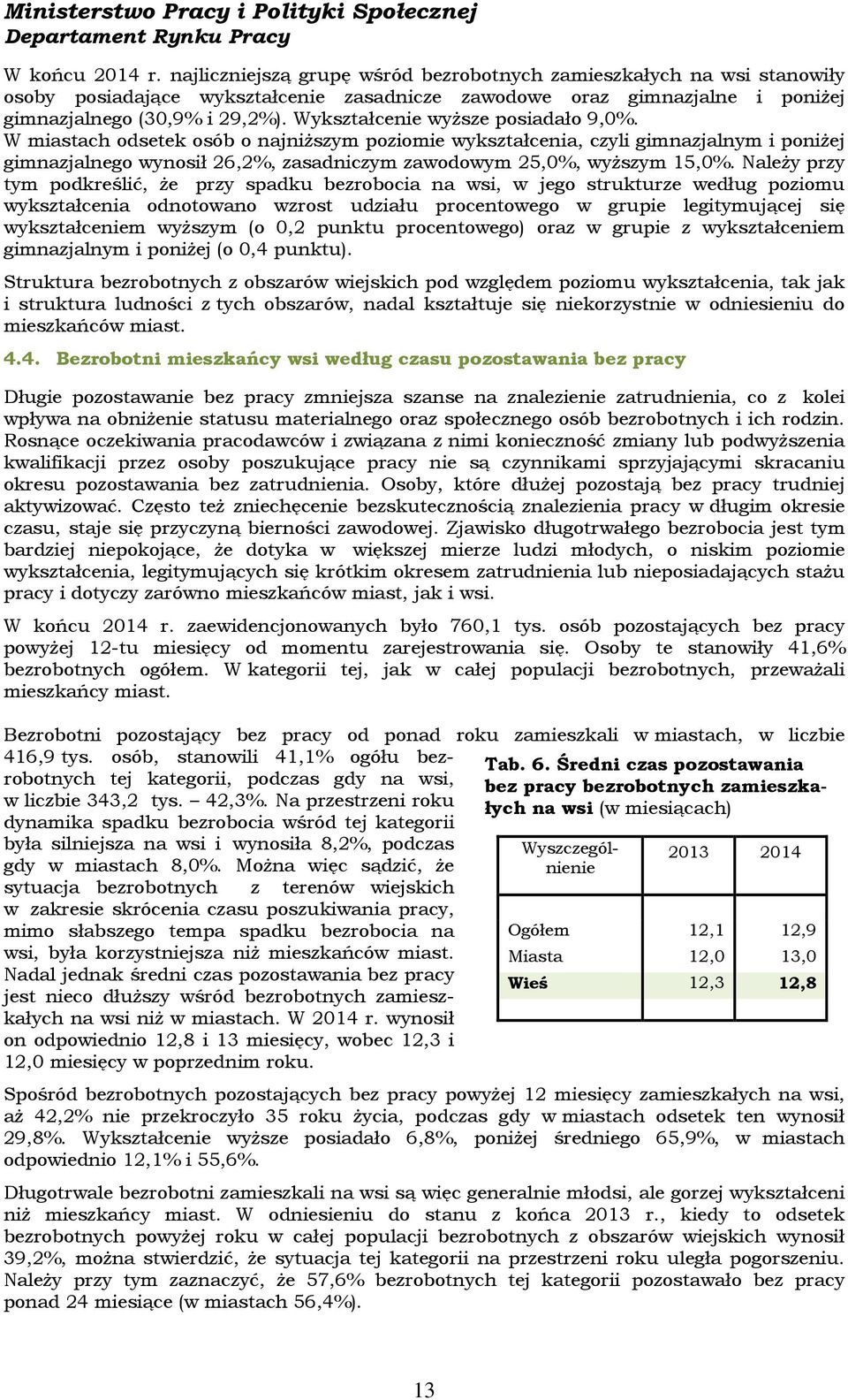 Należy przy tym podkreślić, że przy spadku bezrobocia na wsi, w jego strukturze według poziomu wykształcenia odnotowano wzrost udziału procentowego w grupie legitymującej się wykształceniem wyższym