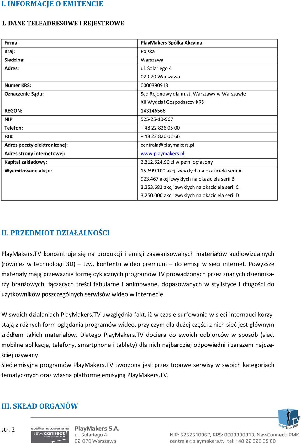 Warszawy w Warszawie XII Wydział Gospodarczy KRS REGON: 143146566 NIP 525-25-10-967 Telefon: + 48228260500 Fax: + 48228260266 Adres poczty elektronicznej: centrala@playmakers.