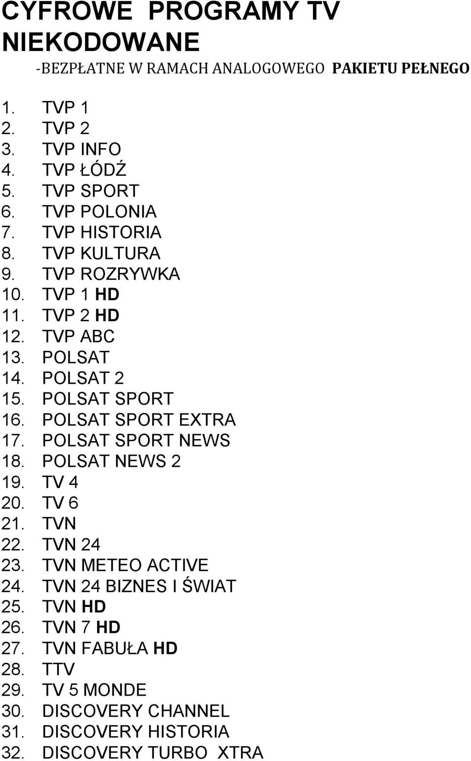 POLSAT SPORT 16. POLSAT SPORT EXTRA 17. POLSAT SPORT NEWS 18. POLSAT NEWS 2 19. TV 4 20. TV 6 21. TVN 22. TVN 24 23. TVN METEO ACTIVE 24.