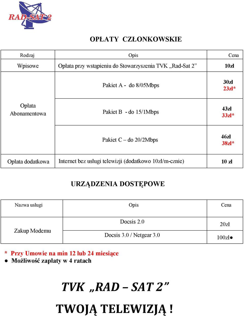 Internet bez usługi telewizji (dodatkowo 10zł/m-cznie) 10 zł URZĄDZENIA DOSTĘPOWE Nazwa usługi Opis Cena Zakup Modemu Docsis 2.