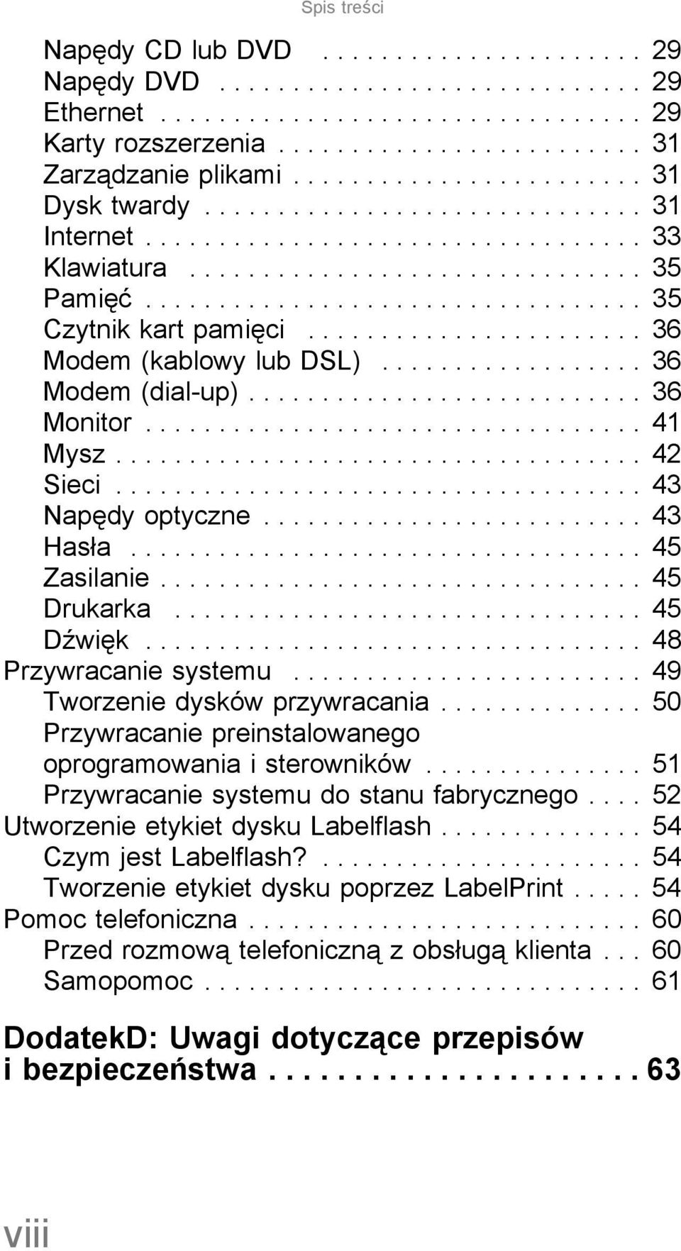 ...................... 36 Modem (kablowy lub DSL).................. 36 Modem (dial-up)........................... 36 Monitor.................................. 41 Mysz.................................... 42 Sieci.