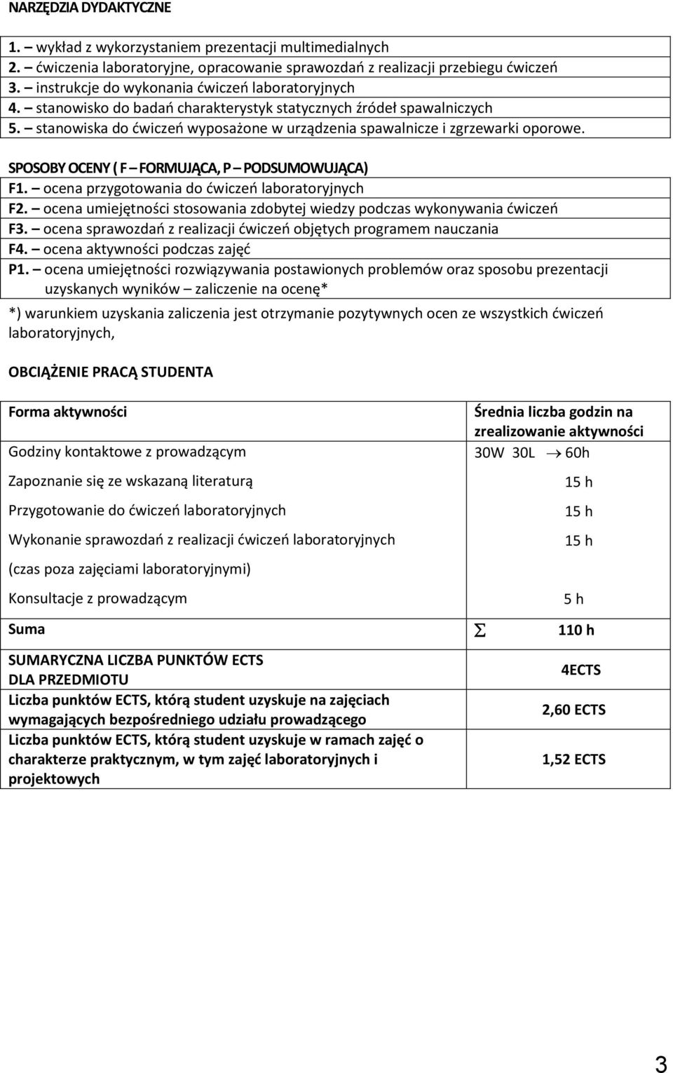 SPOSOBY OCENY ( F FORMUJĄCA, P PODSUMOWUJĄCA) F1. ocena przygotowania do ćwiczeń laboratoryjnych F. ocena umiejętności stosowania zdobytej wiedzy podczas wykonywania ćwiczeń F3.