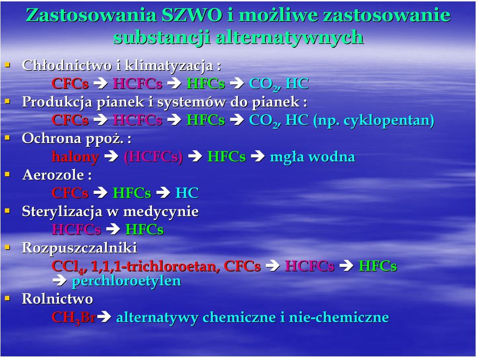 . : halony (HCFCs) HFCs mgła a wodna Aerozole : CFCs HFCs HC Sterylizacja w medycynie HCFCs HFCs