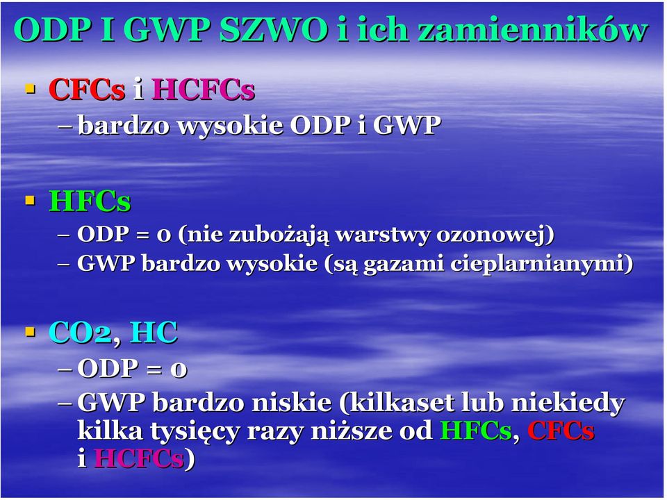 wysokie (są gazami cieplarnianymi) C2, HC DP = 0 GWP bardzo