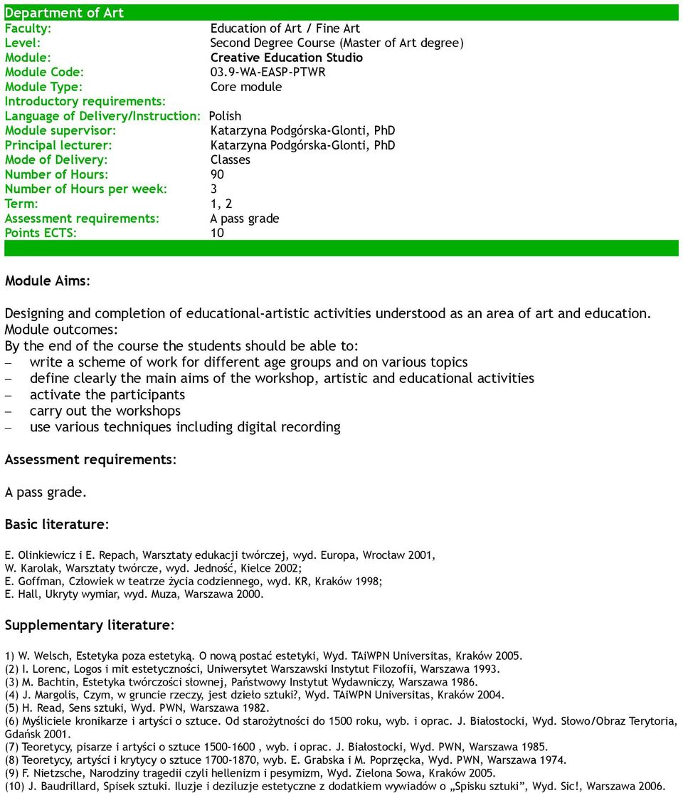 Podgórska-Glonti, PhD Mode of Delivery: Classes Number of Hours: 90 Number of Hours per week: 3 Term: 1, 2 A pass grade Points ECTS: 10 Module Aims: Designing and completion of educational-artistic