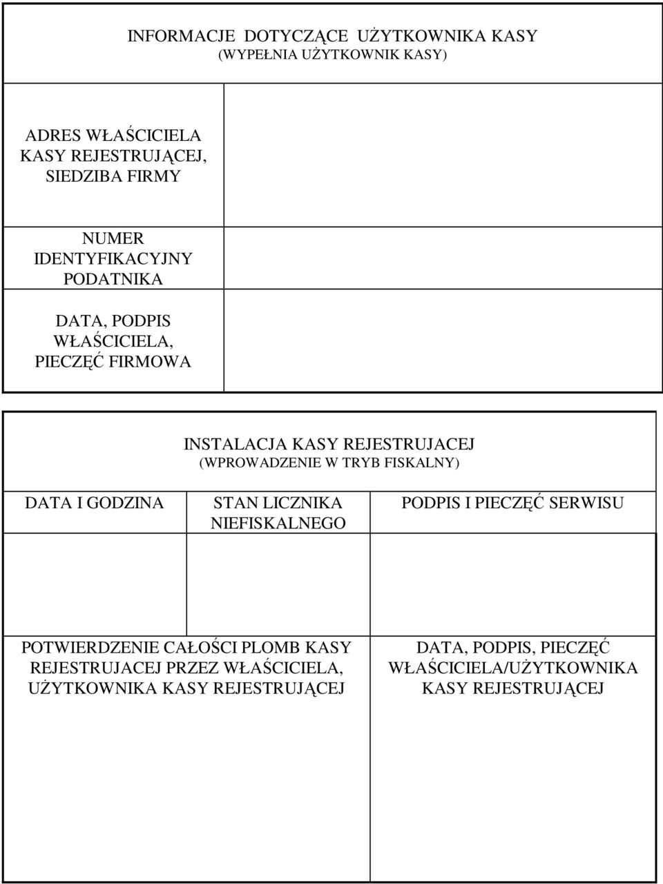 W TRYB FISKALNY) DATA I GODZINA STAN LICZNIKA NIEFISKALNEGO SERWISU POTWIERDZENIE CAŁOŚCI PLOMB KASY