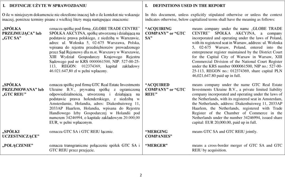 PRZEJMUJĄCA lub GTC SA oznacza spółkę pod firmą GLOBE TRADE CENTRE SPÓŁKA AKCYJNA, spółkę utworzoną i działającą na podstawie prawa polskiego, z siedzibą w Warszawie, adres: ul.