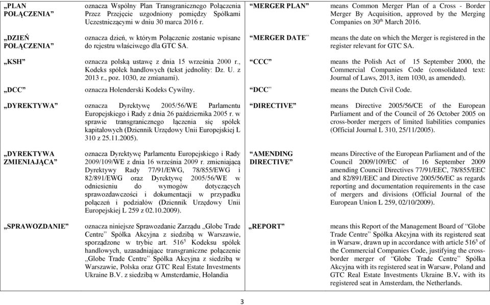 DZIEŃ POŁĄCZENIA oznacza dzień, w którym Połączenie zostanie wpisane do rejestru właściwego dla GTC SA.