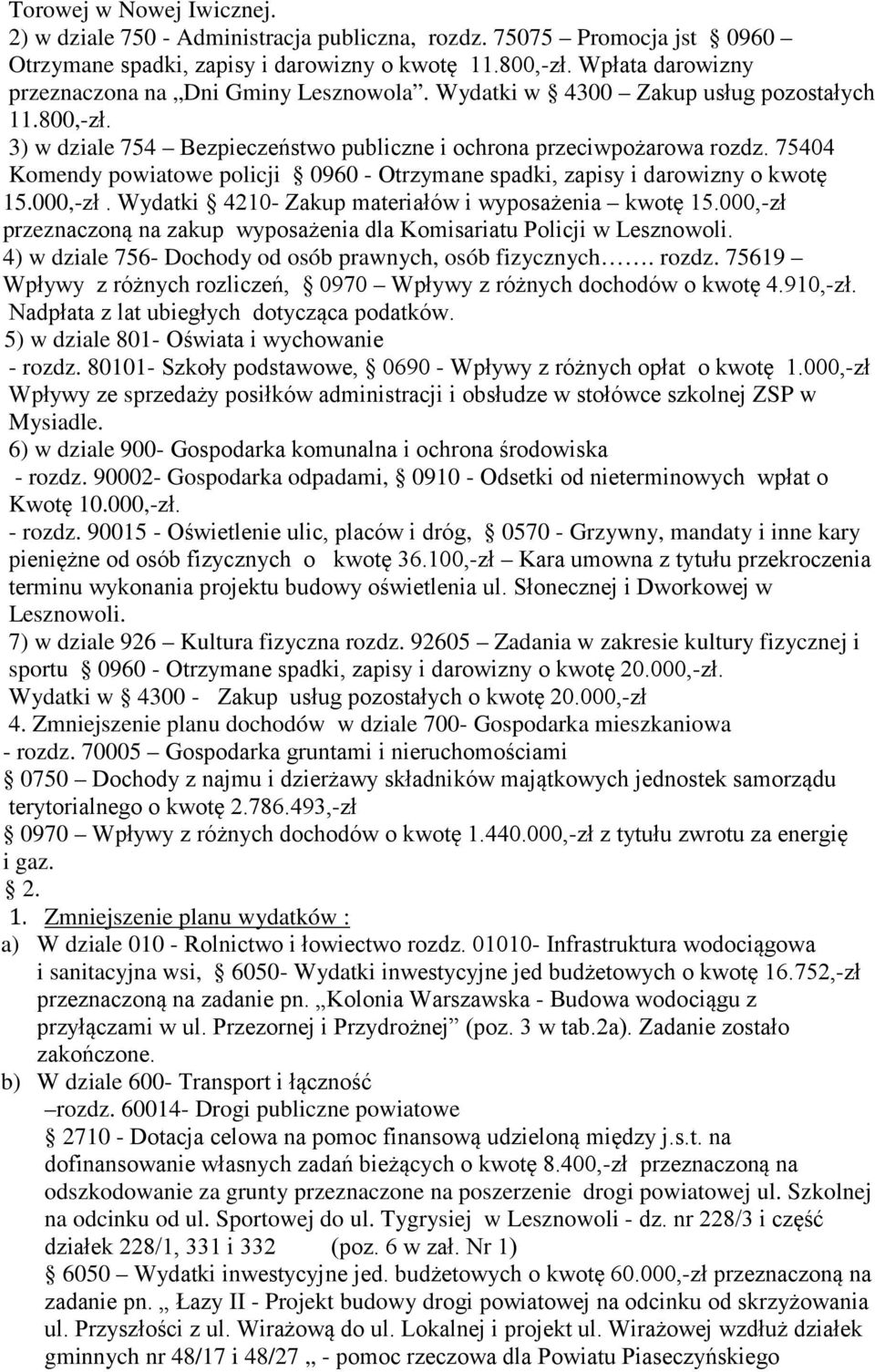 75404 Komendy powiatowe policji 0960 - Otrzymane spadki, zapisy i darowizny o kwotę 15.000,-zł. Wydatki 4210- Zakup materiałów i wyposażenia kwotę 15.