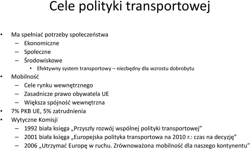 PKB UE, 5% zatrudnienia Wytyczne Komisji 1992 biała księga Przyszły rozwój wspólnej polityki transportowej 2001 biała księga