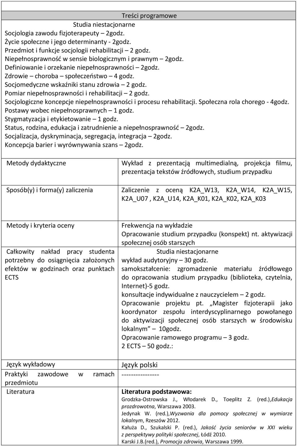 Pomiar niepełnosprawności i rehabilitacji 2 godz. Socjologiczne koncepcje niepełnosprawności i procesu rehabilitacji. Społeczna rola chorego - 4godz. Postawy wobec niepełnosprawnych 1 godz.