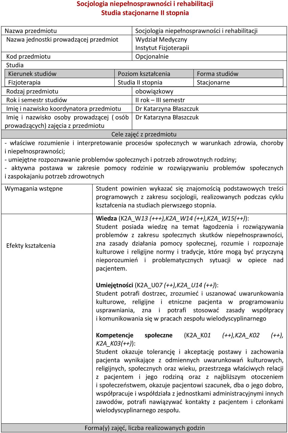 studiów II rok III semestr Imię i nazwisko koordynatora przedmiotu Dr Katarzyna Błaszczuk Imię i nazwisko osoby prowadzącej ( osób Dr Katarzyna Błaszczuk prowadzących) zajęcia z przedmiotu Cele zajęć