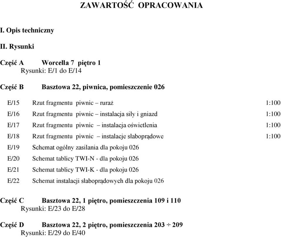 instalacja siły i gniazd 1:100 E/17 Rzut fragmentu piwnic instalacja oświetlenia 1:100 E/18 Rzut fragmentu piwnic instalacje słaboprądowe 1:100 E/19 Schemat ogólny zasilania