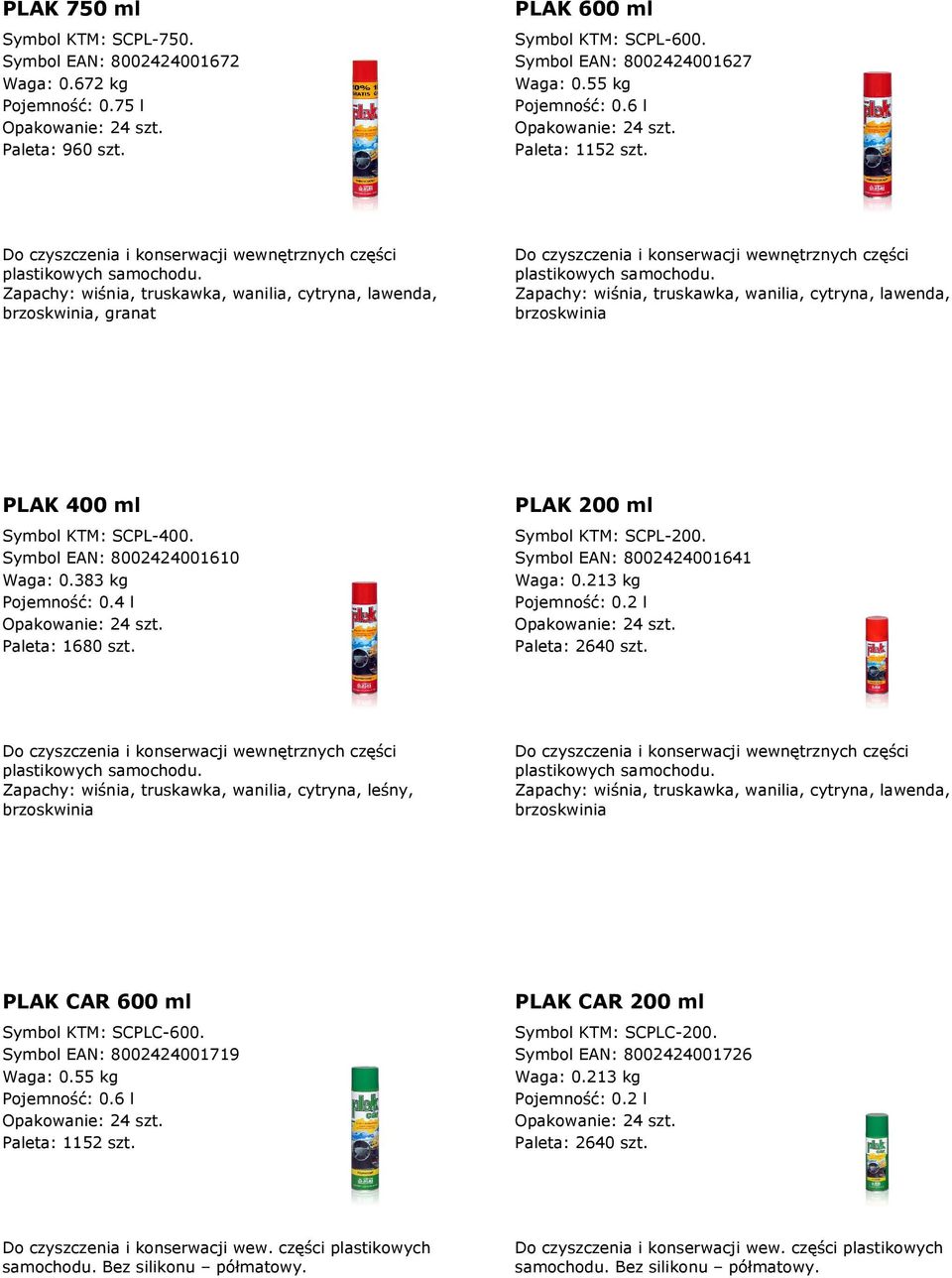 Zapachy: wiśnia, truskawka, wanilia, cytryna, lawenda, brzoskwinia PLAK 400 ml PLAK 200 ml Symbol KTM: SCPL-400. Symbol EAN: 8002424001610 Waga: 0.383 kg Paleta: 1680 szt. Symbol KTM: SCPL-200.