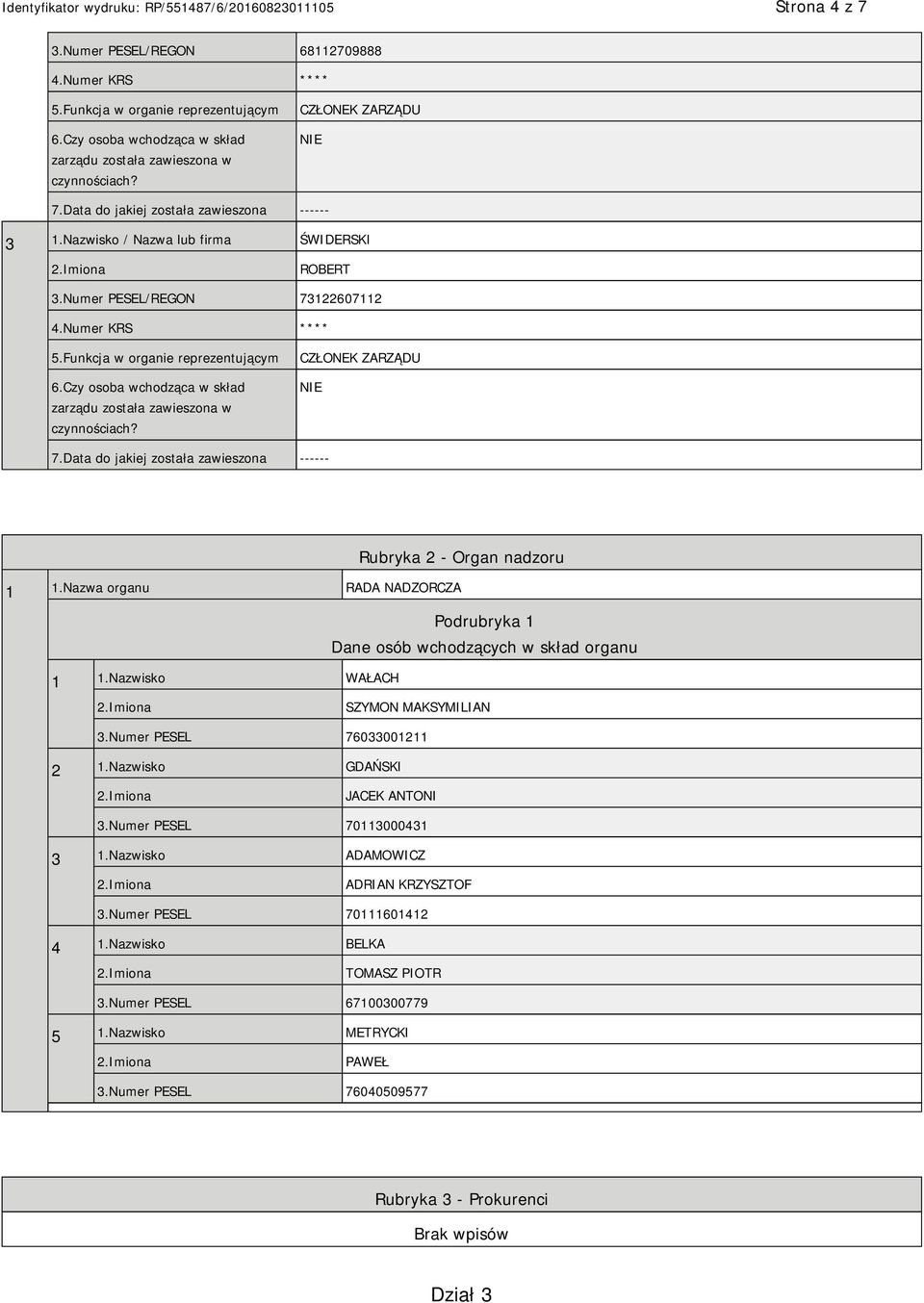 Czy osoba wchodząca w skład zarządu została zawieszona w czynnościach? CZŁONEK ZARZĄDU 7.Data do jakiej została zawieszona ------ Rubryka 2 - Organ nadzoru 1 1.